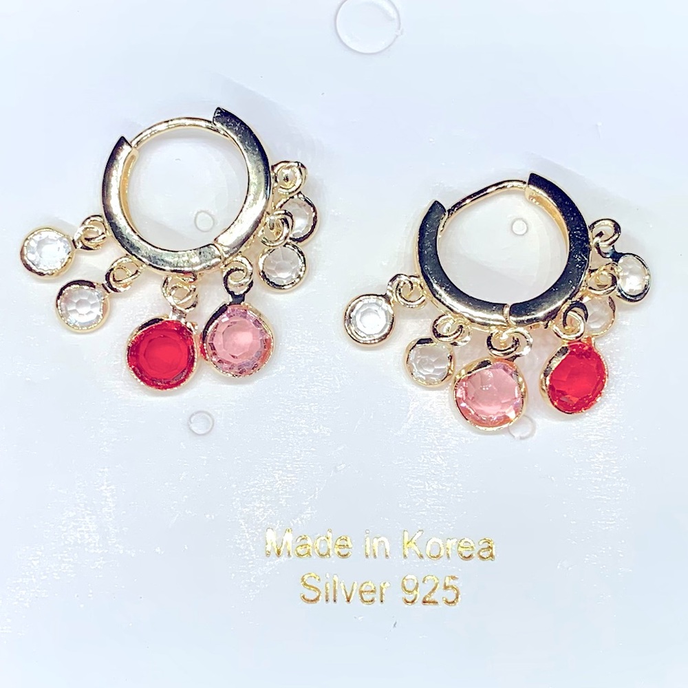 Red, Pink & Clear Crystal Dangles on 1/2” 925 Sterling Earrings Dipped G…